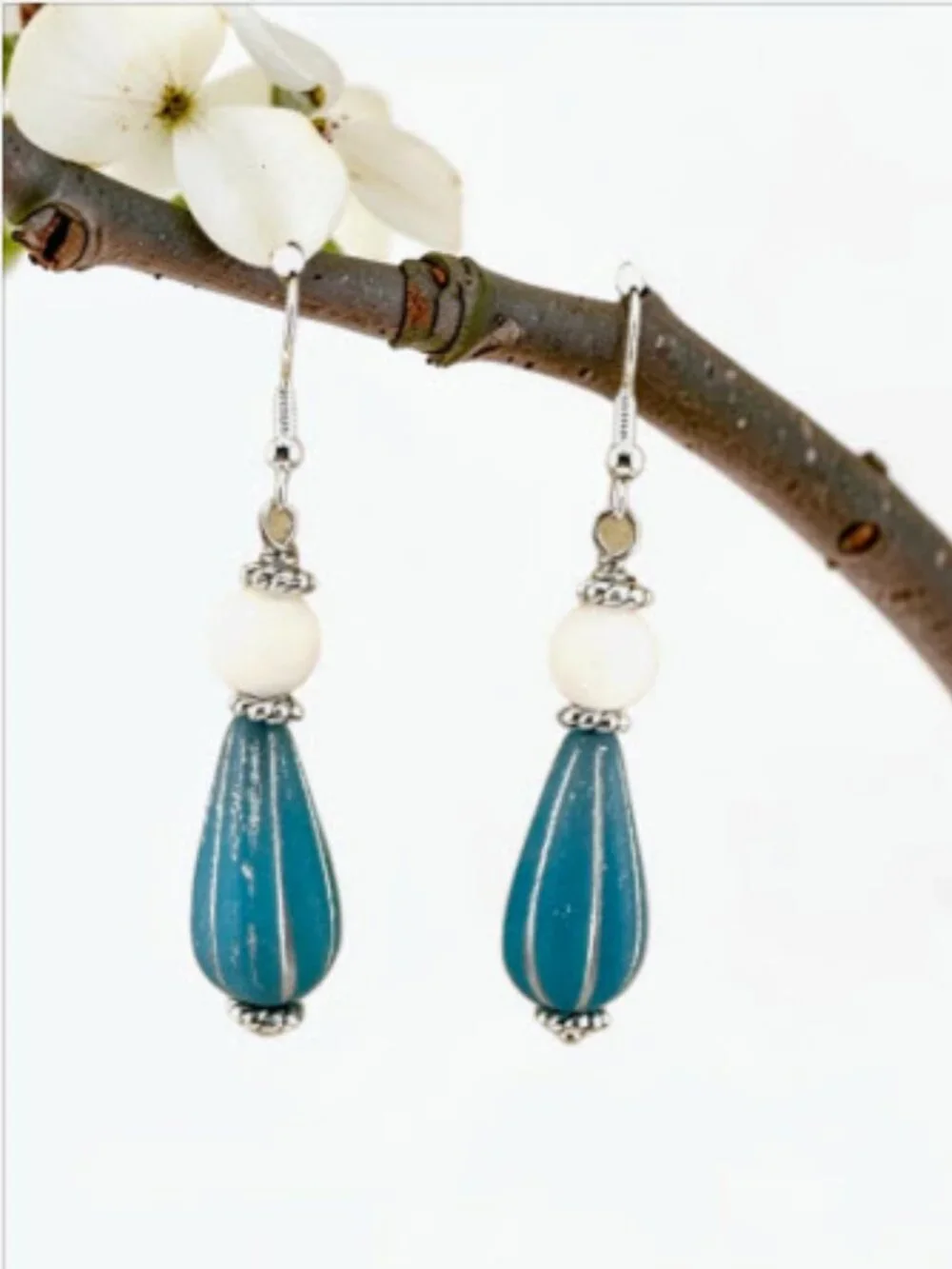 Blue Czech Glass Teardrop Earrings White Jade 925 Sterling Silver Coastal Boho
