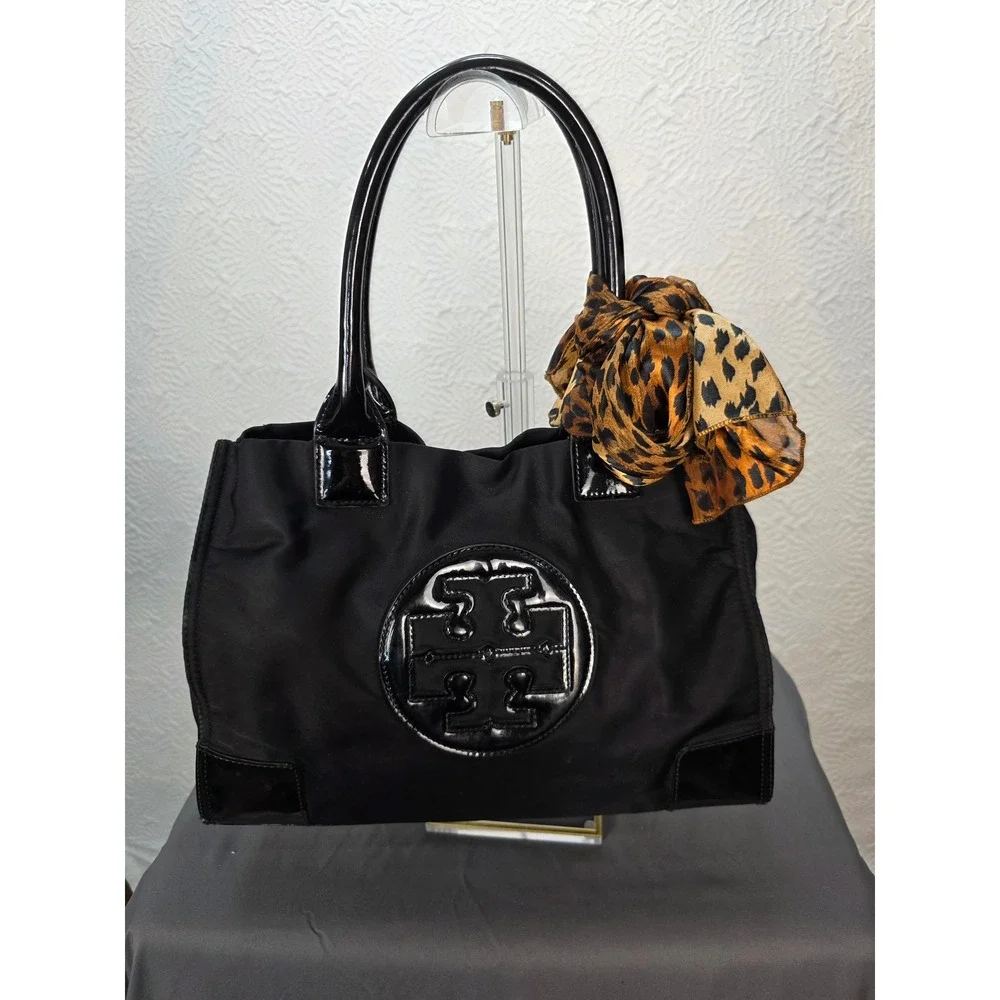 Tory Burch Ella Tote Bag Black Nylon Patent Leather Trim Logo Shoulder Bag Scarf
