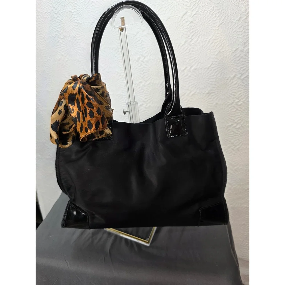 Tory Burch Ella Tote Bag Black Nylon Patent Leather Trim Logo Shoulder Bag Scarf
