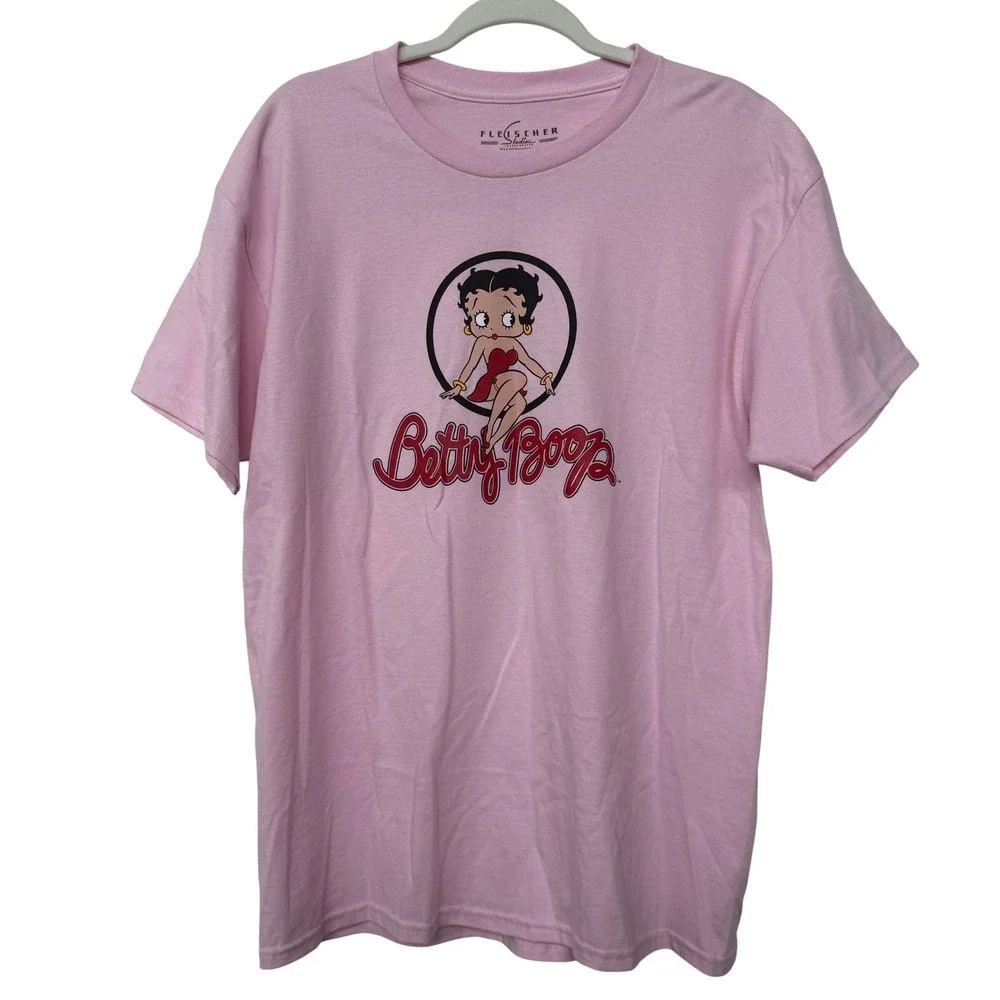 Fleischer Studios Betty Boop Pink Graphic‎ T-Shirt Mens Large Racing Car Retro L