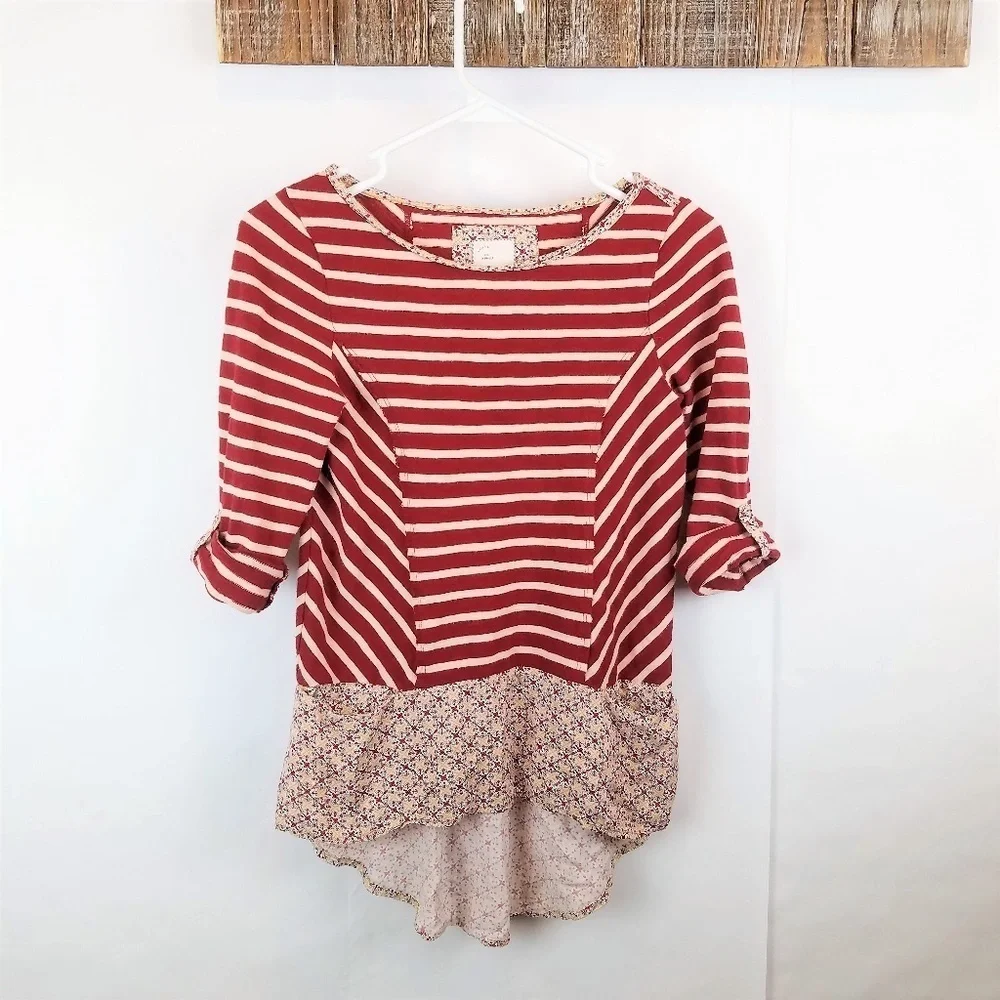 Postmark Anthropologie Fairley Tunic Red Striped Floral Hem Roll Tab Sleeve Top