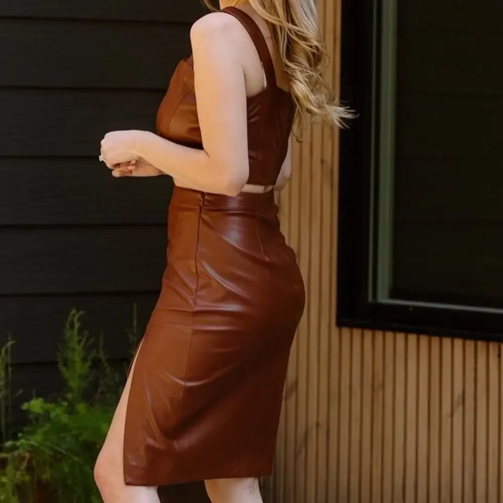 New JASON WU Faux Leather Chocolate Brown Midi skirt 2 Piece Set Large Vegan