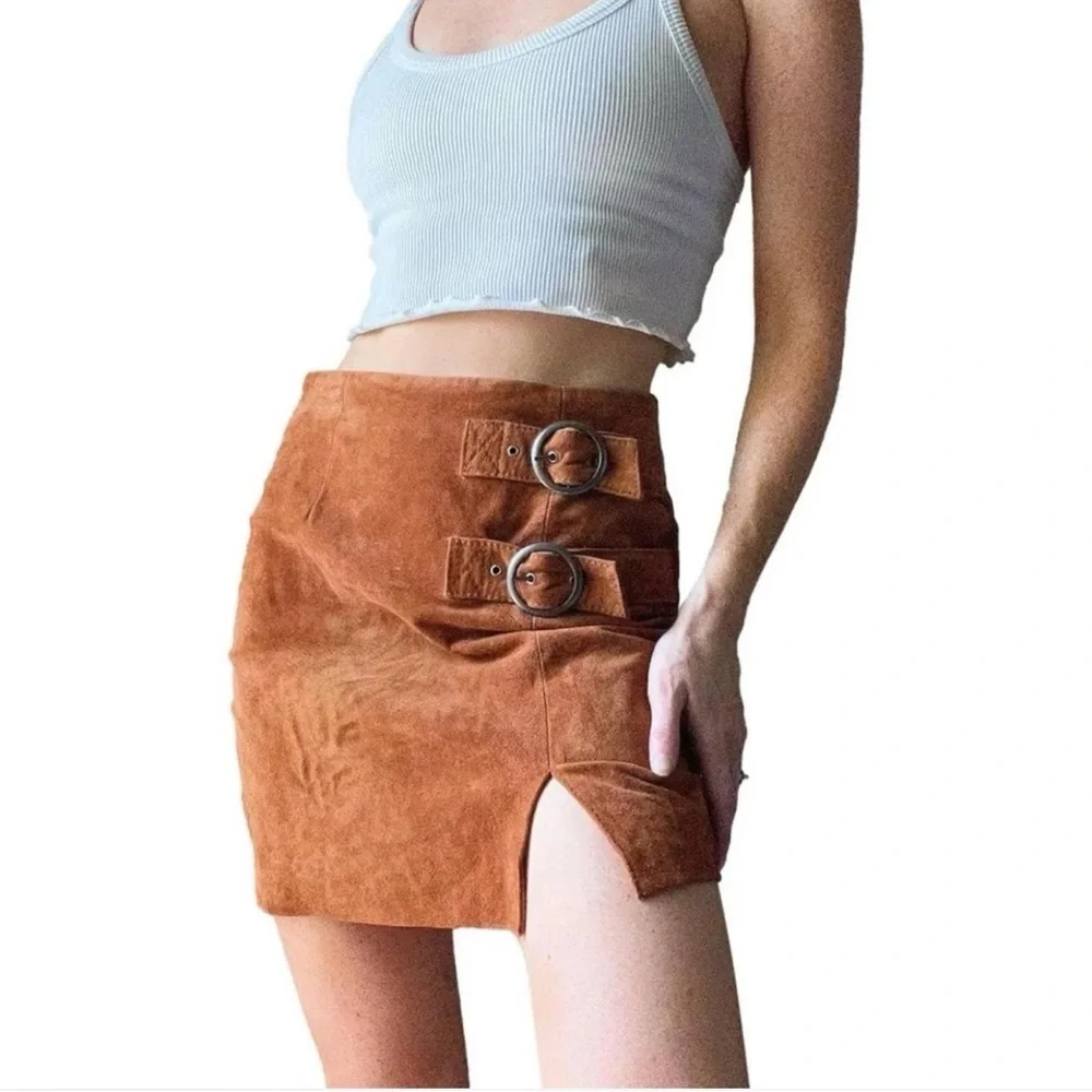 Blank NYC Tan Suede Mini Skirt with Buckle Accents