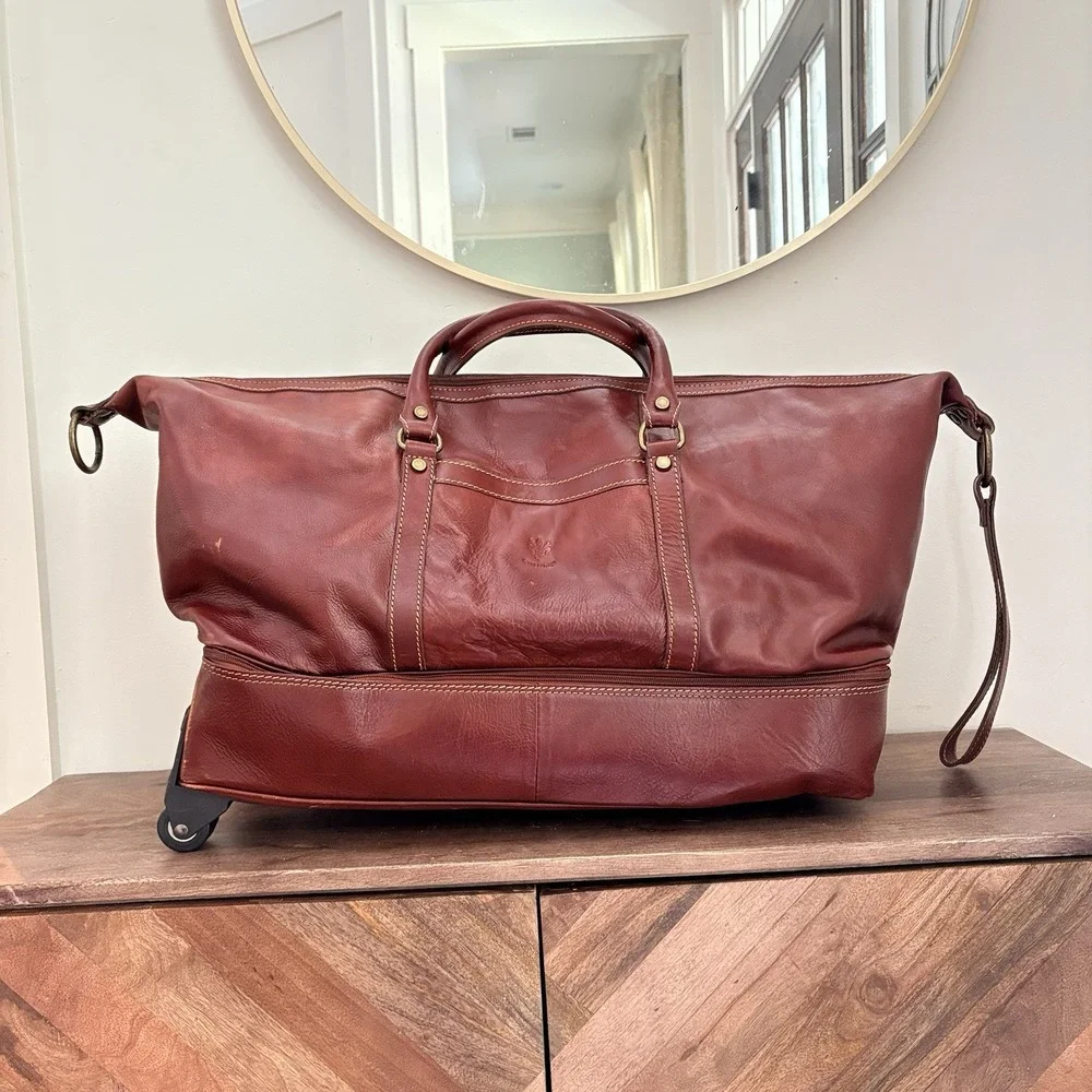 Italian Leather Rolling Duffel Bag Wheeled Weekender Carry On Luggage Brown