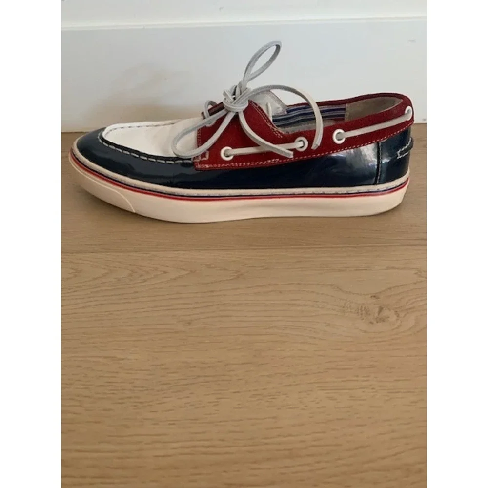 Gucci Mens Boat Shoes 232417 Red White Navy Patent Leather Suede Deck Shoes 9.5