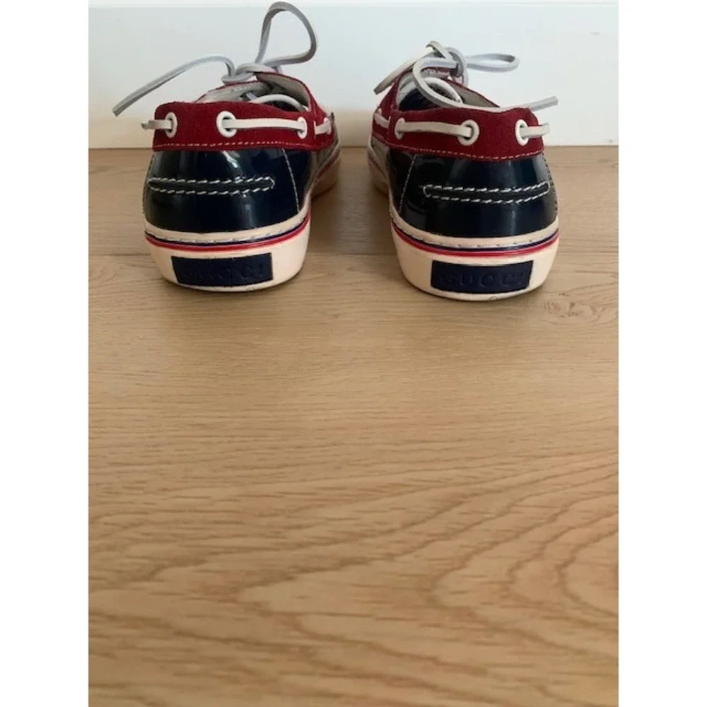 Gucci Mens Boat Shoes 232417 Red White Navy Patent Leather Suede Deck Shoes 9.5