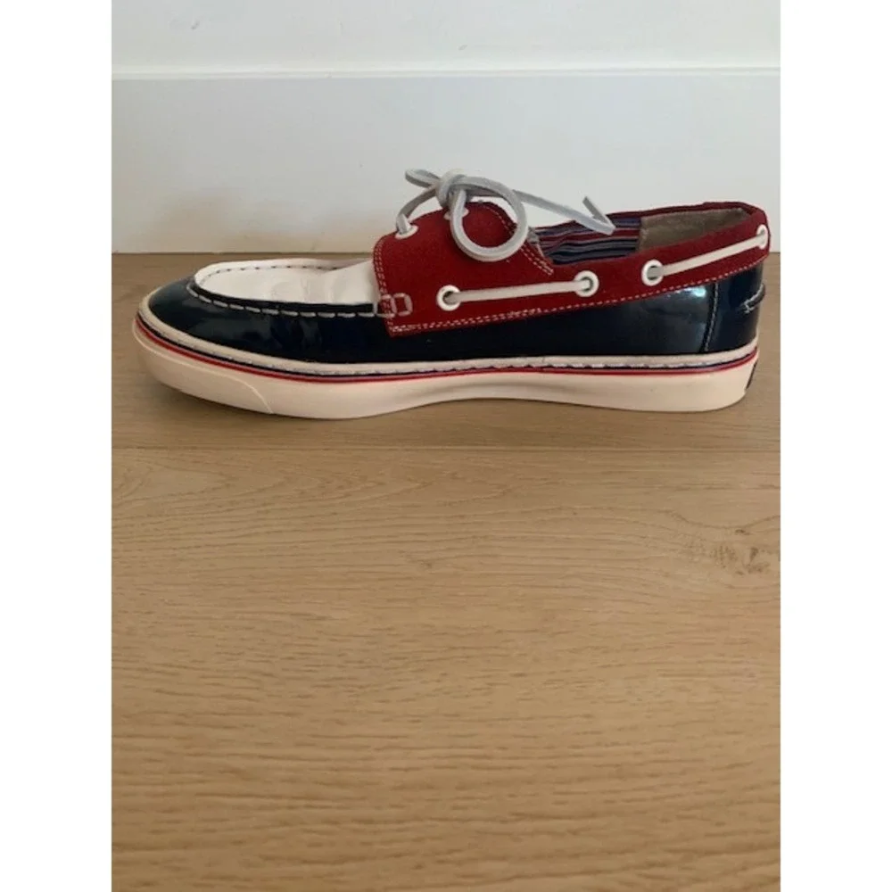 Gucci Mens Boat Shoes 232417 Red White Navy Patent Leather Suede Deck Shoes 9.5