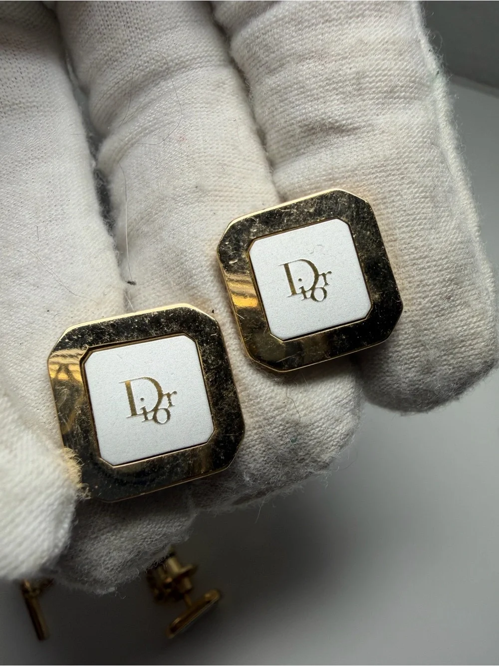 Dior Gold and White Square Logo Cufflinks with Monogram