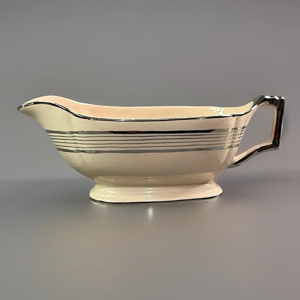 Limoges Peach Blo Ritz Platinum Gravy Boat Seabring Ohio Platinum Etching Trim