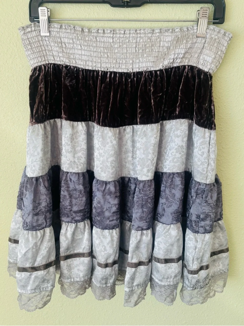 Free People Gray Tiers Silk Lace & Velvet Skirt Size: Medium