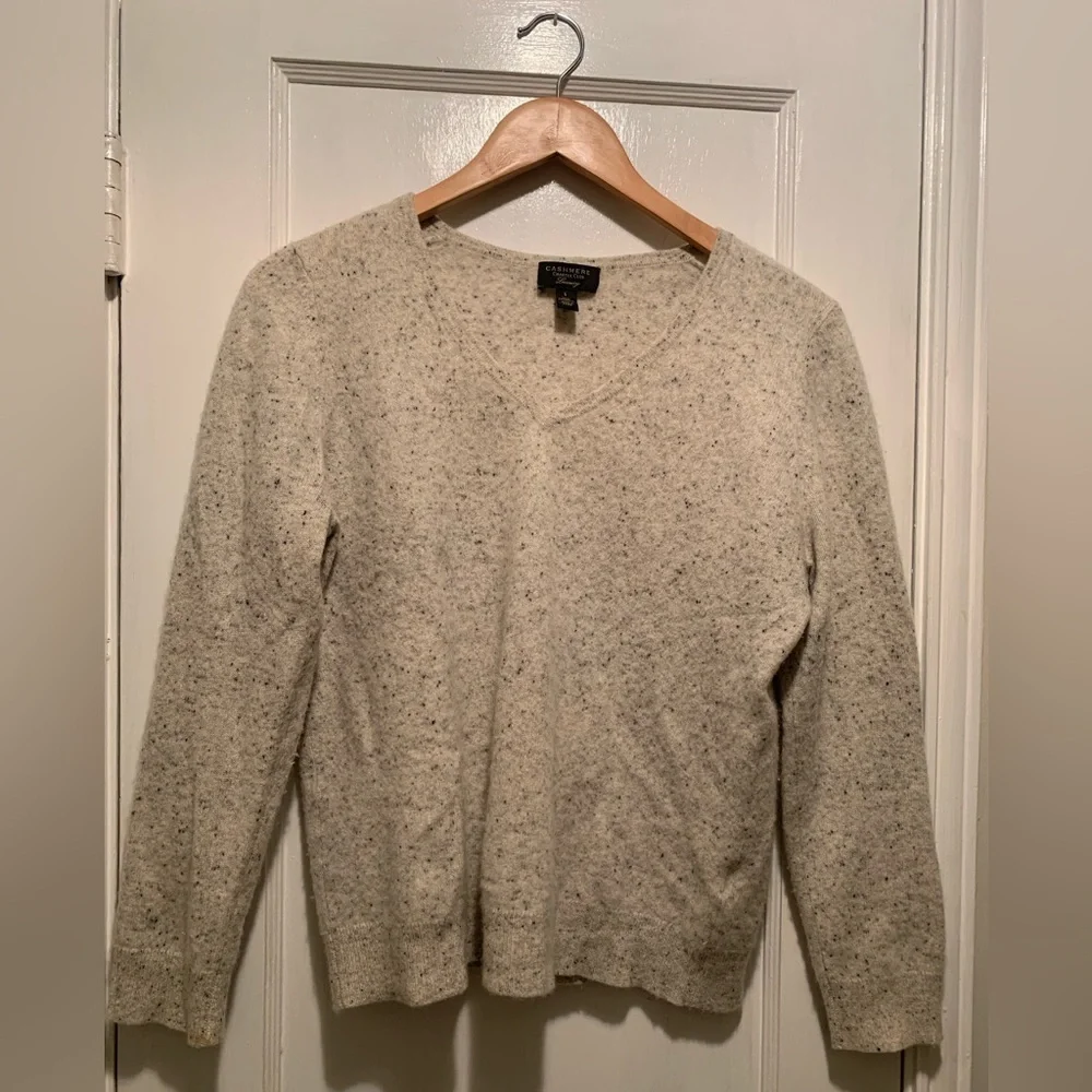 Charter Club Luxury 100% Cashmere V-Neck Sweater in Oatmeal Speckled Knit L