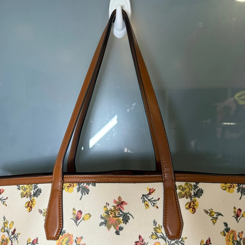 Tory Burch Kerrington Tote Large Rose Floral Coated Canvas Leather Logo