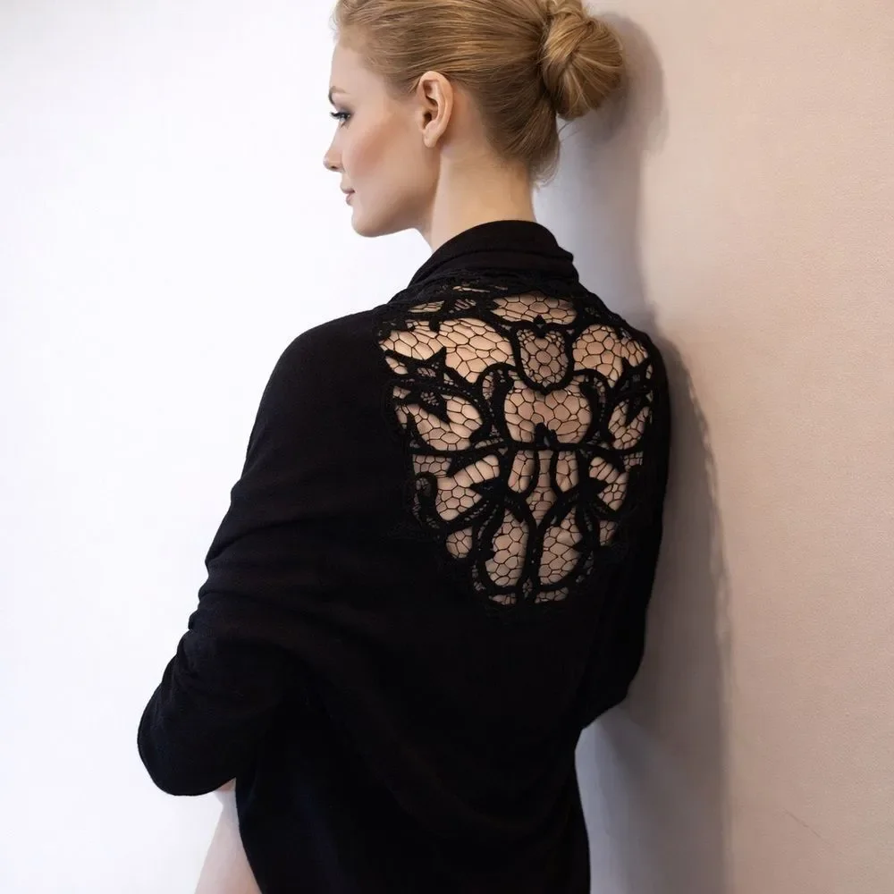 BCBG MaxAZIRA ultra soft shrug lace back detail lightweight black small medium