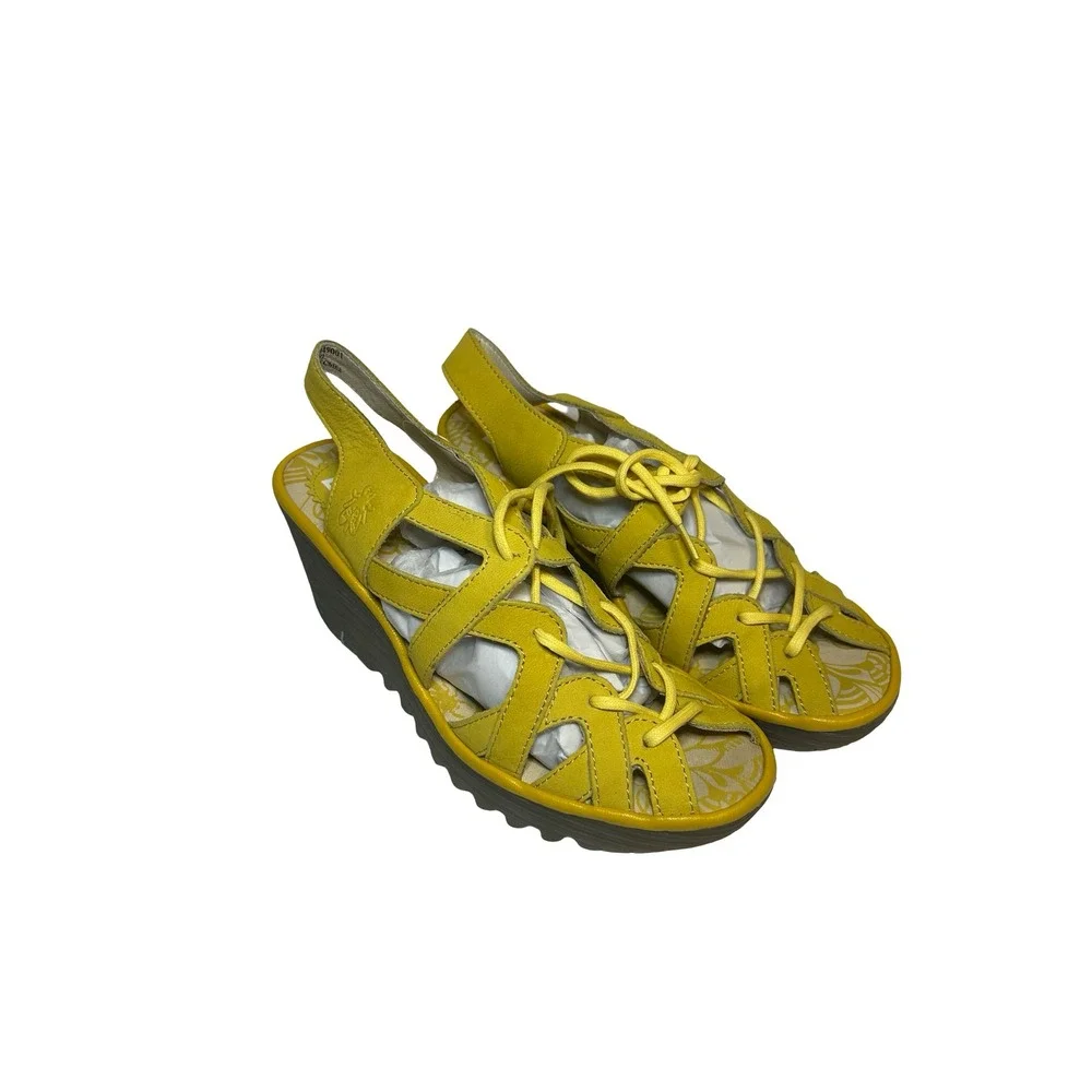 Fly London Yasi Yellow Leather Lace Up Wedge Sandals Womens 37 P500749001