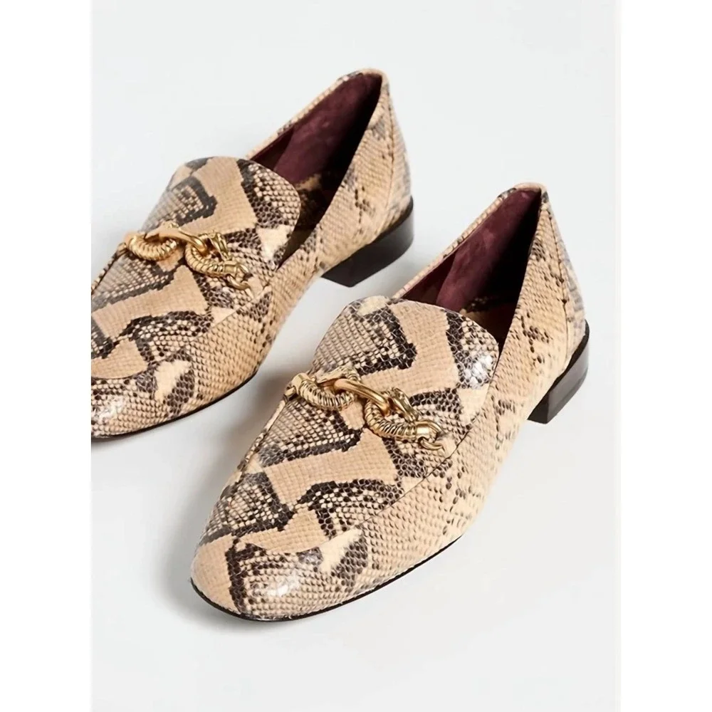 Tory Burch Jessa Python Print Leather Loafers Beige Snake Embossed Flats 8