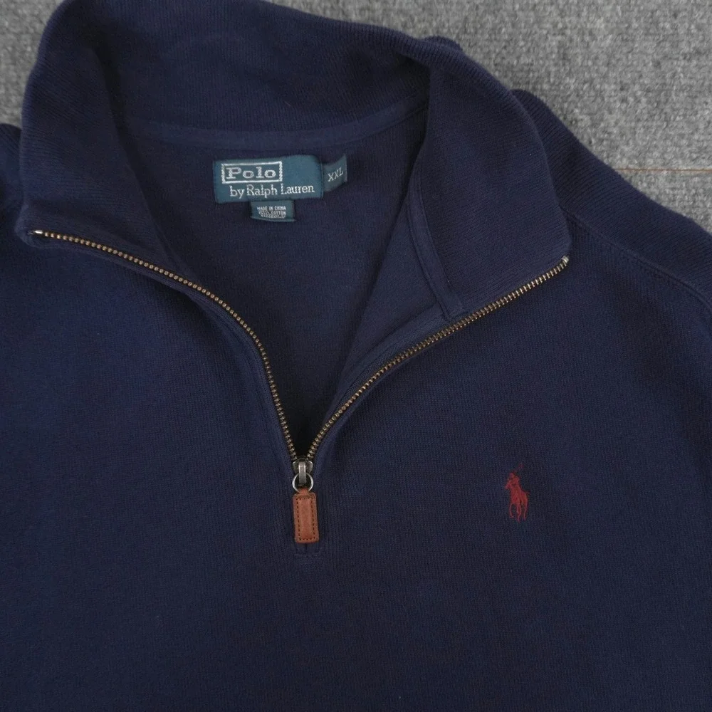 Polo Ralph Lauren Quarter Zip Pullover Mens‎ XXL Navy Blue Cotton Red Pony Logo