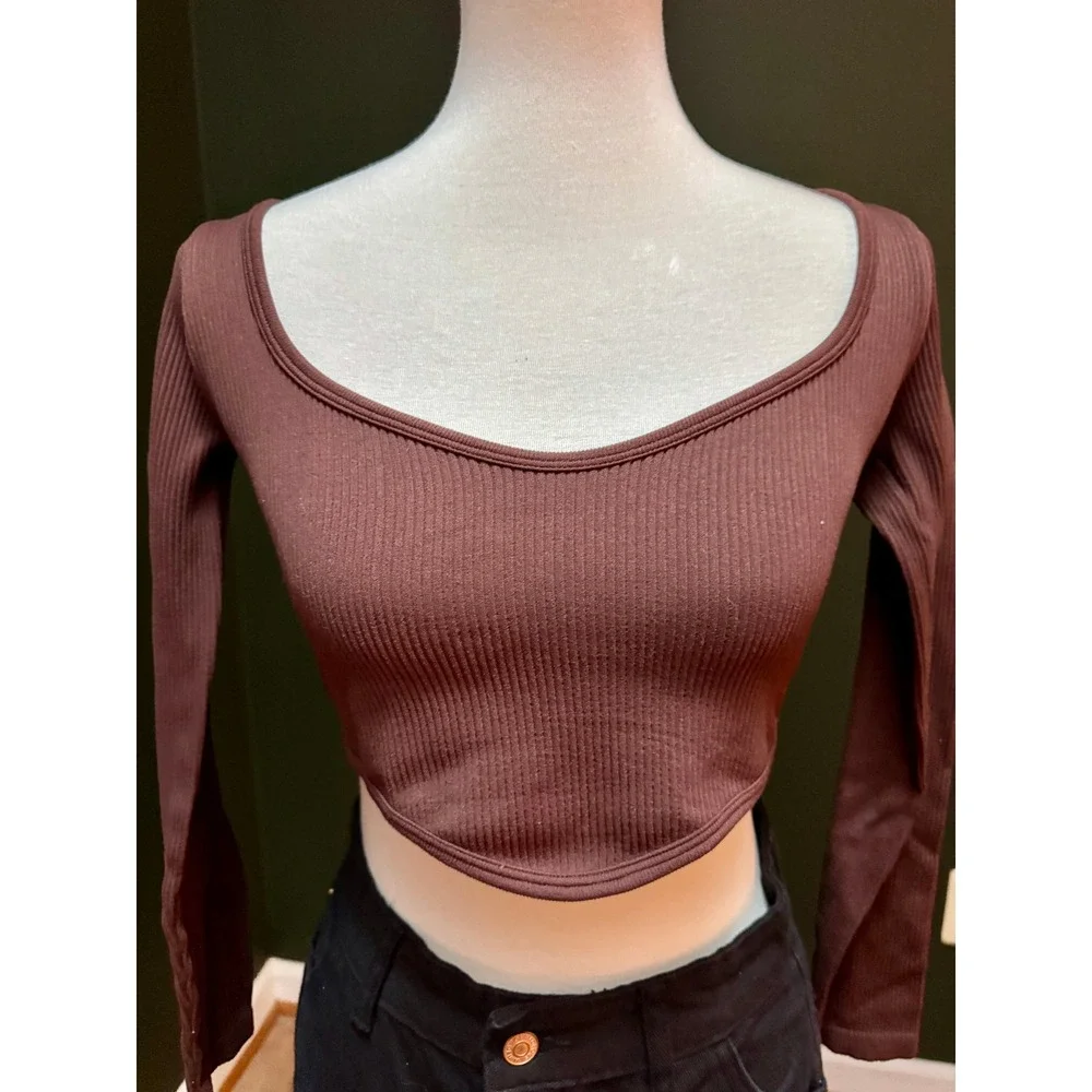 Zara Brown Ribbed Knit Long Sleeve Cropped Top‎ Women's Size M/L