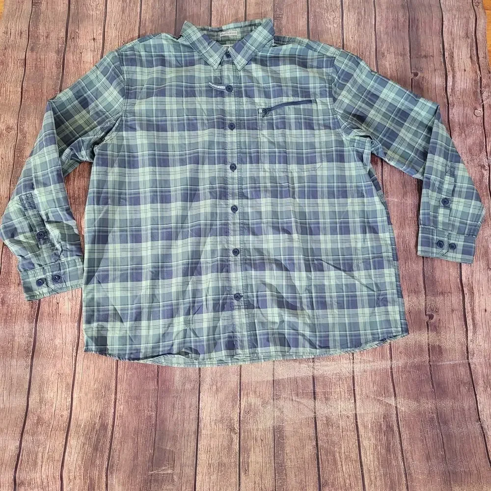 Duluth‎ Button Down Mens 2XL Green Plaid Ridgecrest Wicking UPF50 Odor Blocking