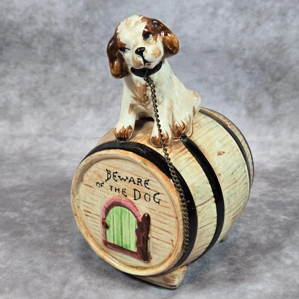 Vintage Piggy Bank Beware of Dog Doghouse‎ Barrel Ceramic