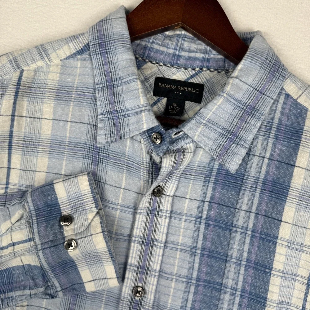 Banana Republic Linen Blend Shirt Mens XL Blue Plaid Long Sleeve‎ Button Up