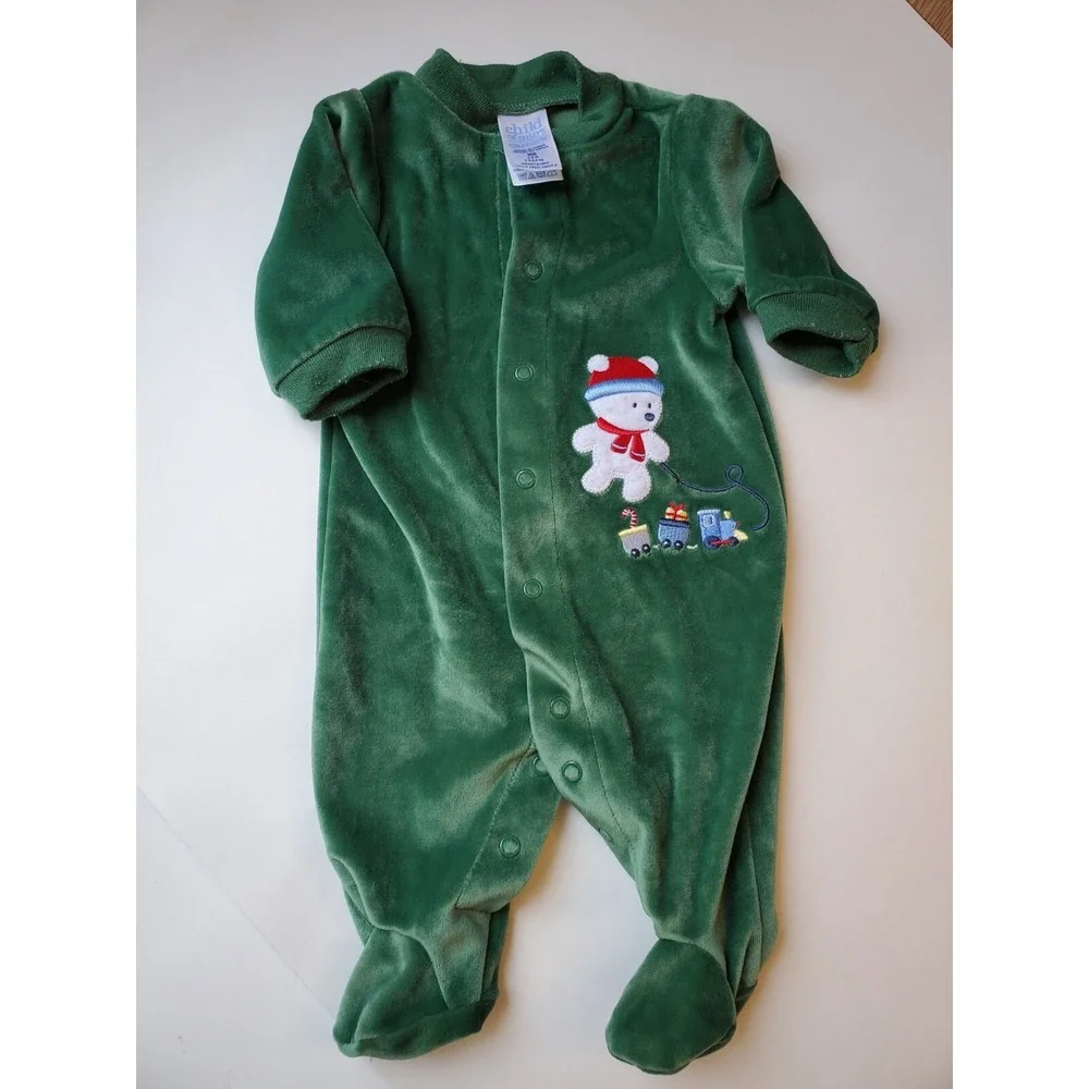 Carters Green velour vintage Teddy Bear Toy Train sleeper bodysuit Newborn‎ baby