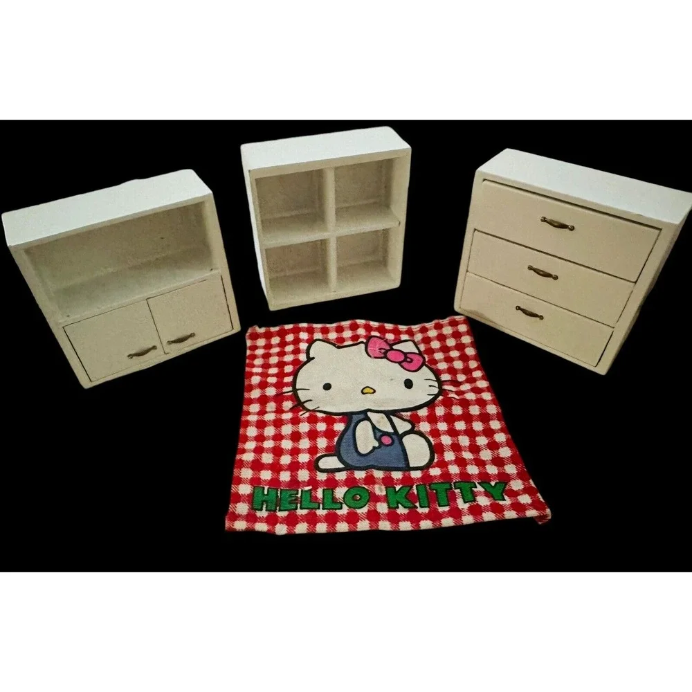 Dollhouse Set Miniature Wood White Drawer Chest Hutch 2 Hello Kitty Rug 1:12~ 1