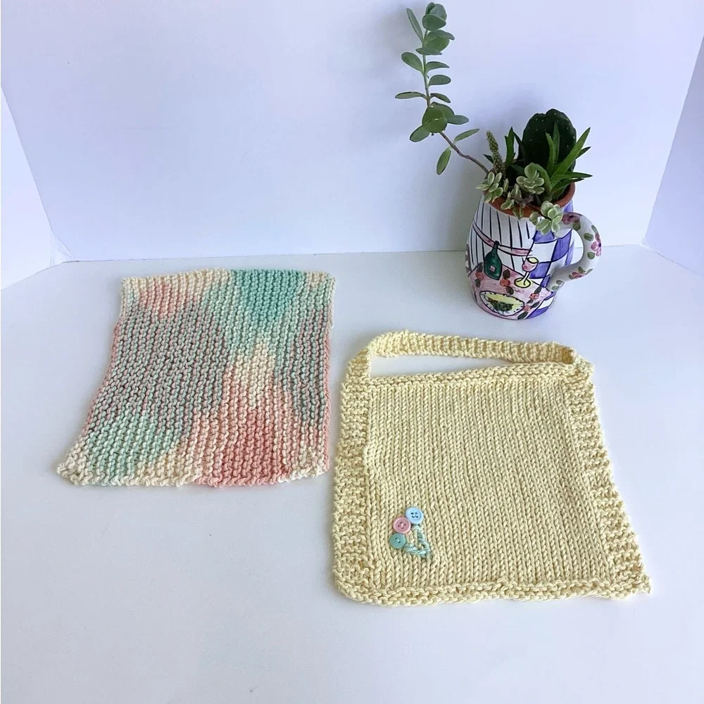 Baby Bib Set Hand Crafted Washcloth Cotton Yellow Green Unisex Floral Knit
