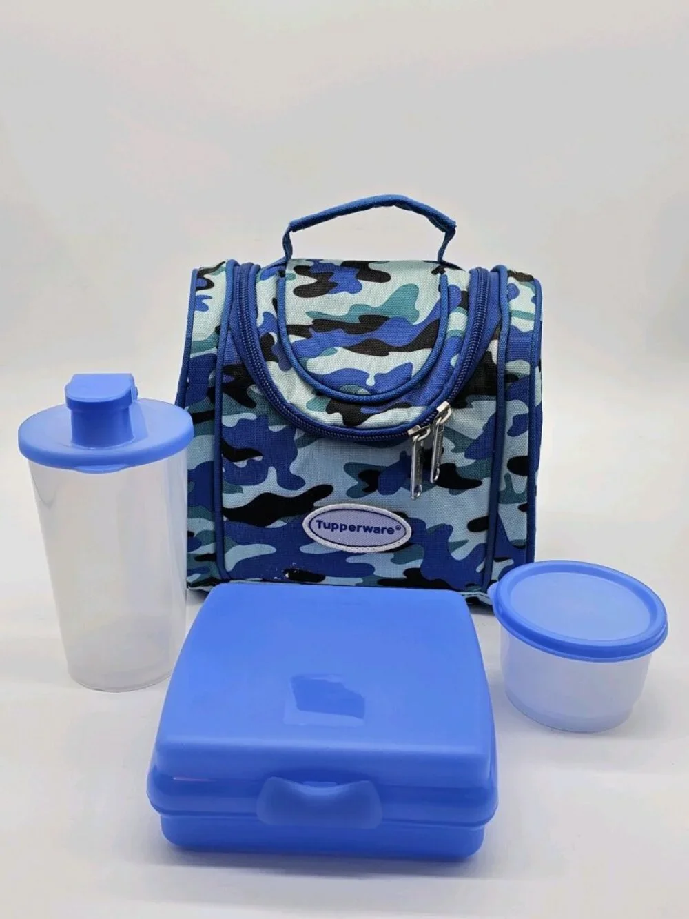 Tupperware Lunch Box Blue Camouflage Lunchbox Cup Container Sandwich Keeper 4 Pc