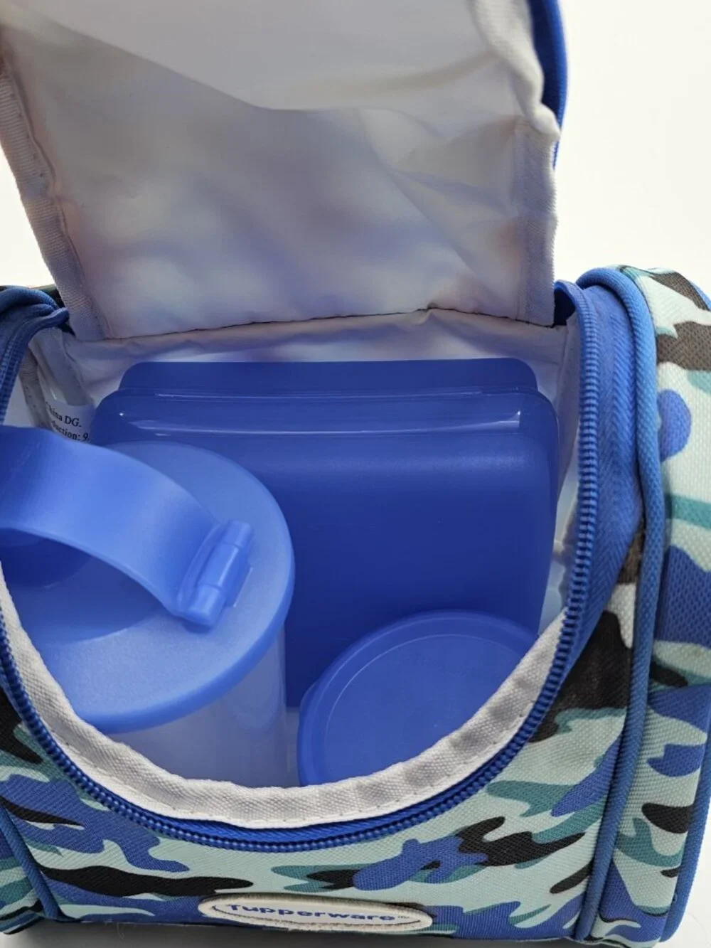 Tupperware Lunch Box Blue Camouflage Lunchbox Cup Container Sandwich Keeper 4 Pc