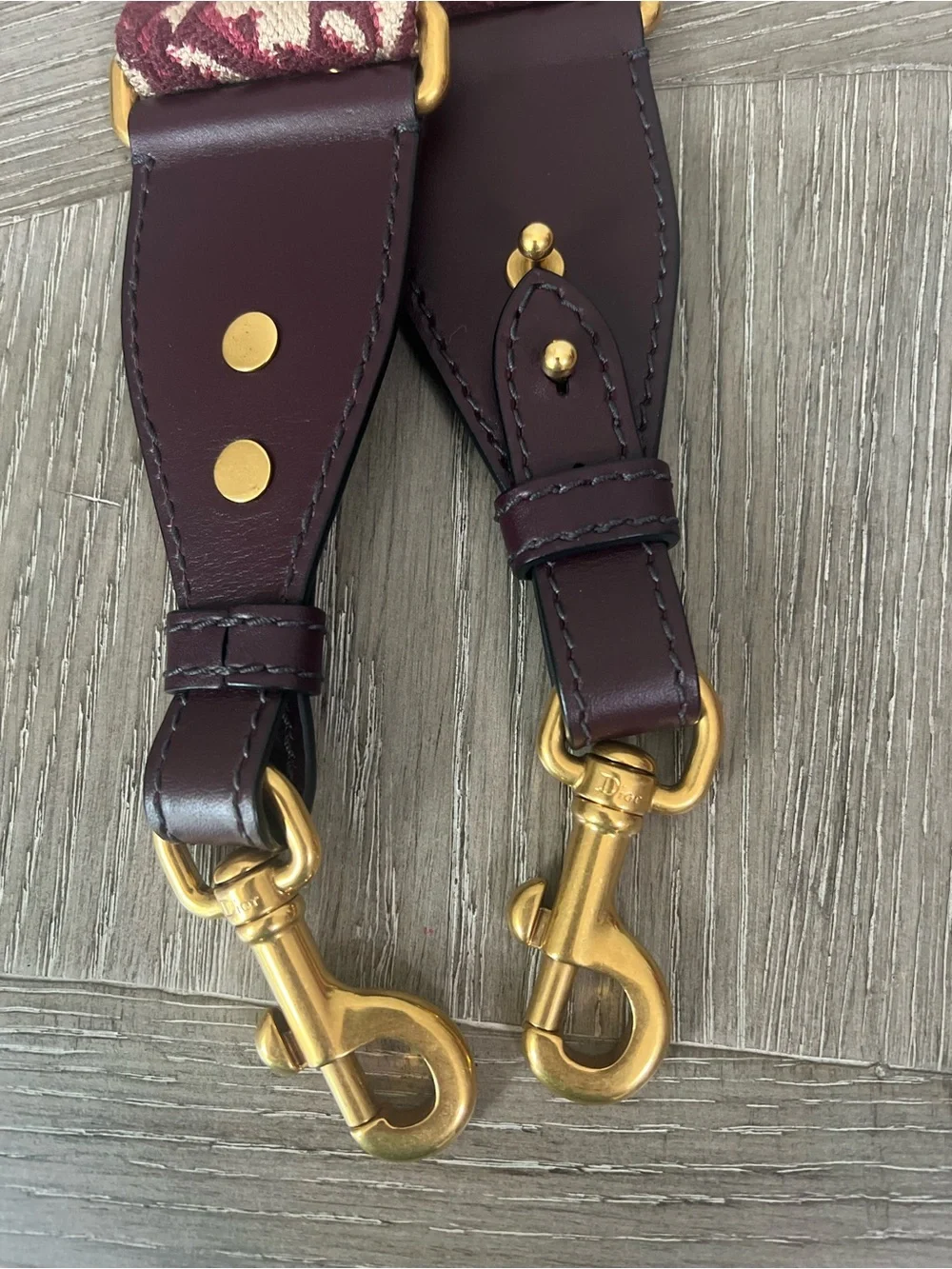Dior Burgundy and Cream Decorative Logo Canvas Bag Strap with Gold Hardware