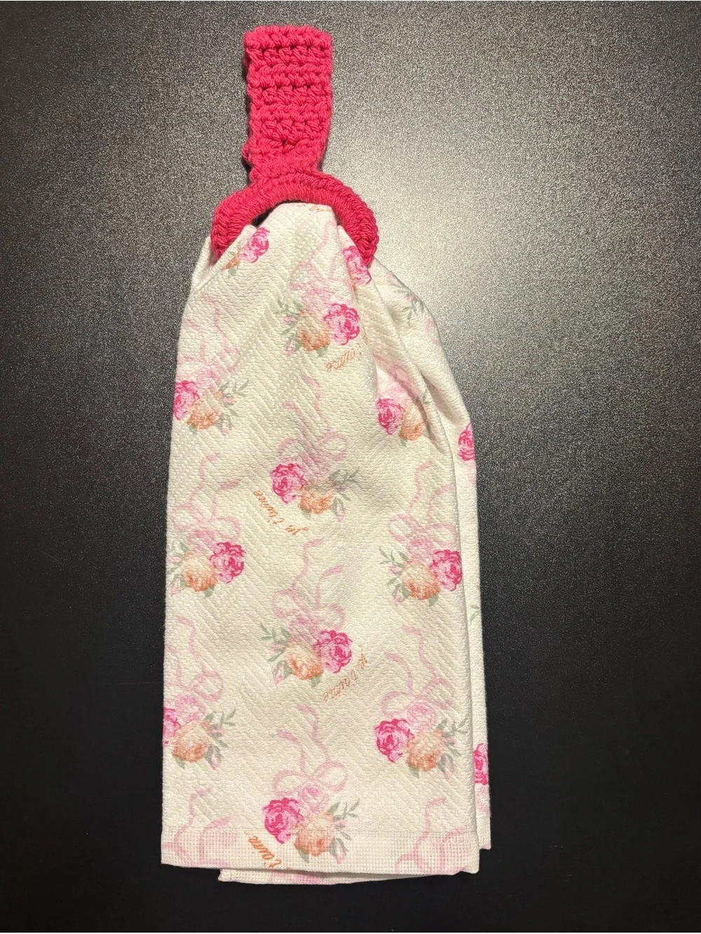 Crocheted Loop Hanging Kitchen Towel - White with Pink Floral
