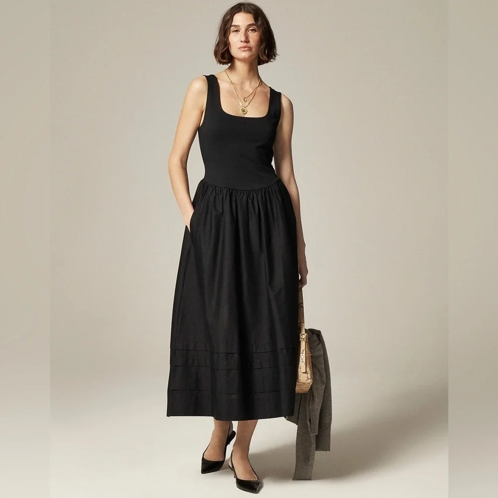 NWT J. Crew Black Petite sleeveless drop-waist fit flare a line mixy midi dress