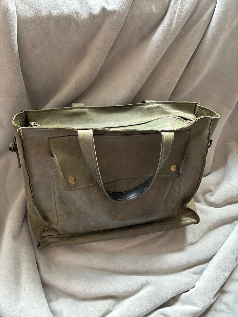 Olive Green Leather Tote with Front Pocket