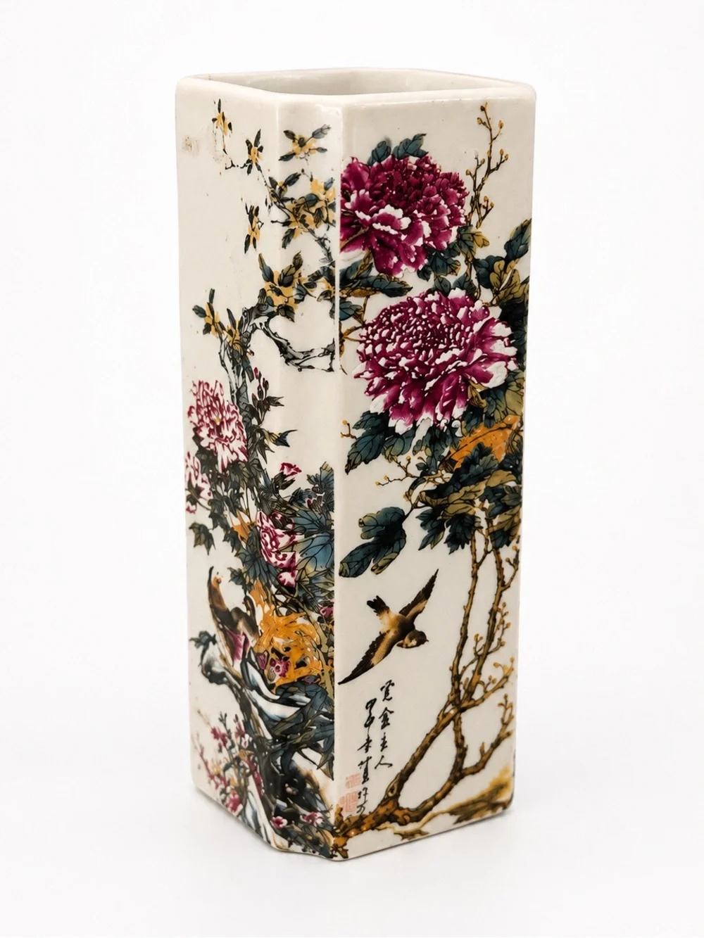 Hexagonal Asian Floral Porcelain Vase | Peonies, Birds & Calligraphy 💕