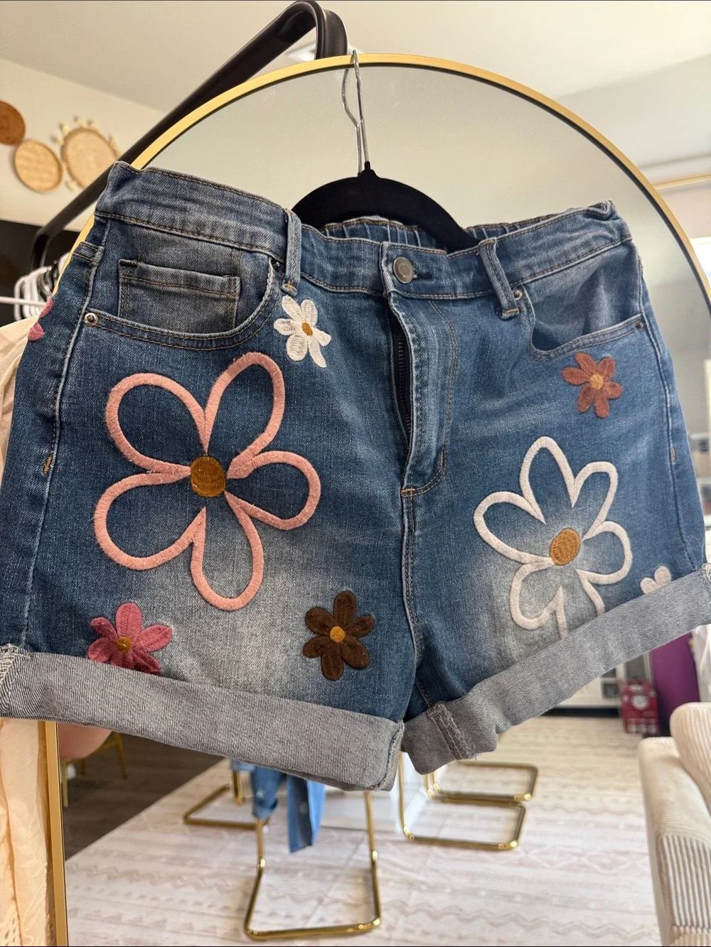 Embroidered Floral Denim Shorts in Blue