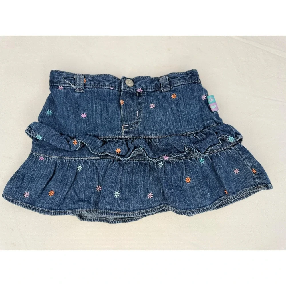 Vintage Y2K Carters Baby Girl Blue‎ Denim Floral Embroidered Ruffle Skort 18 M