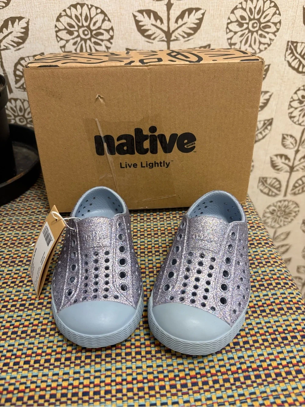 Native Kids Glitter Slip-On Water Shoes in Silver and Light Blue C5