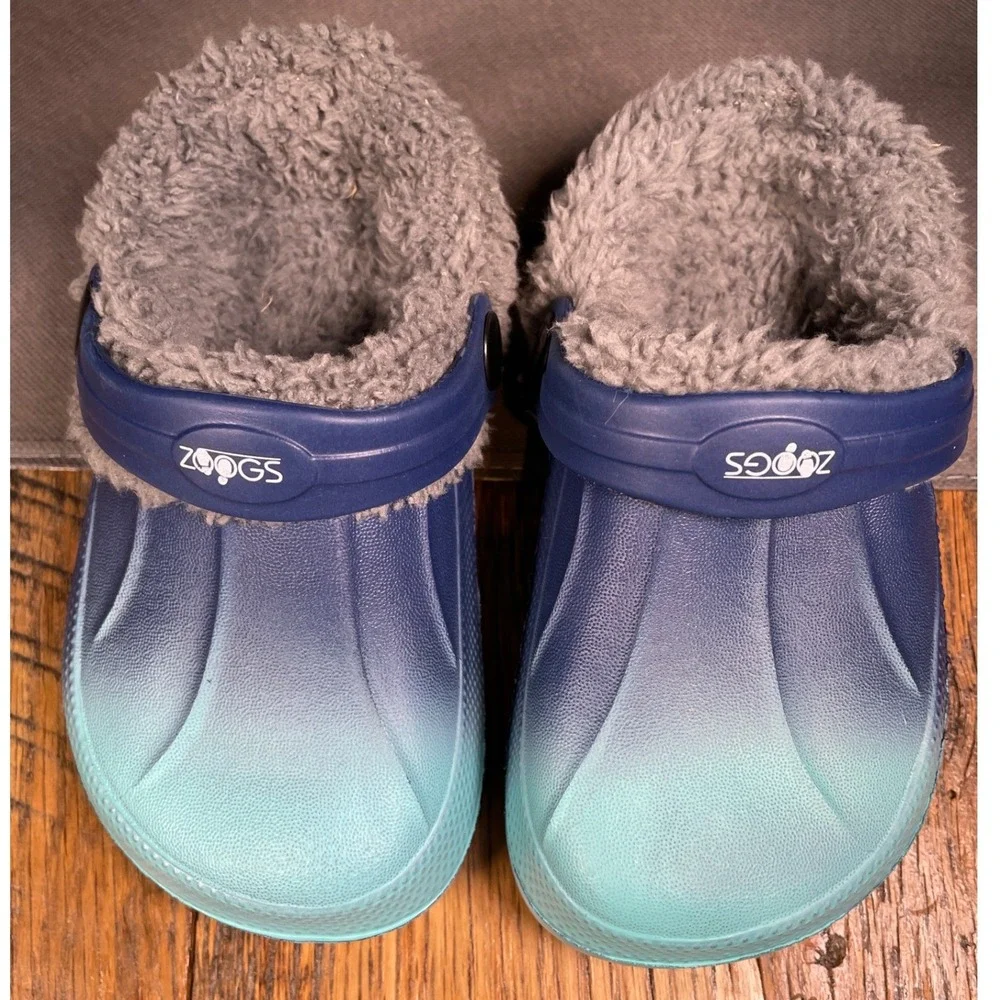 Zoogs Kids Fleece Lined Clogs Blue Teal Ombre Faux Fur Slip On Shoe Strap size 8