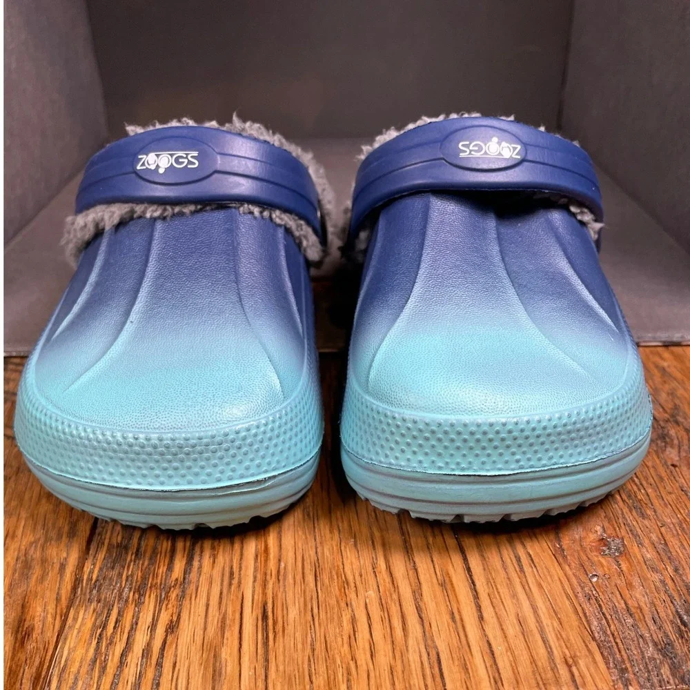 Zoogs Kids Fleece Lined Clogs Blue Teal Ombre Faux Fur Slip On Shoe Strap size 8
