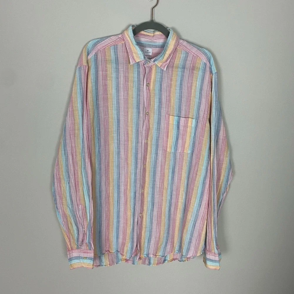 Bonser Striped Linen Cotton Button Up Shirt Mens XL Casual Long Sleeves Natural‎