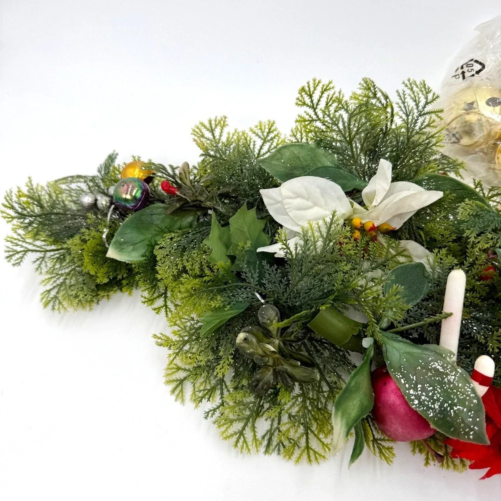 VTG‎ Christmas Plastic Greenery Centerpiece Candle Decor and 5 Golden Bells