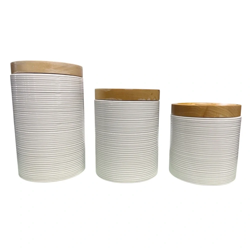 Williams Sonoma | Set of 3 White Ribbed Ceramic Canister with Wooden Lids