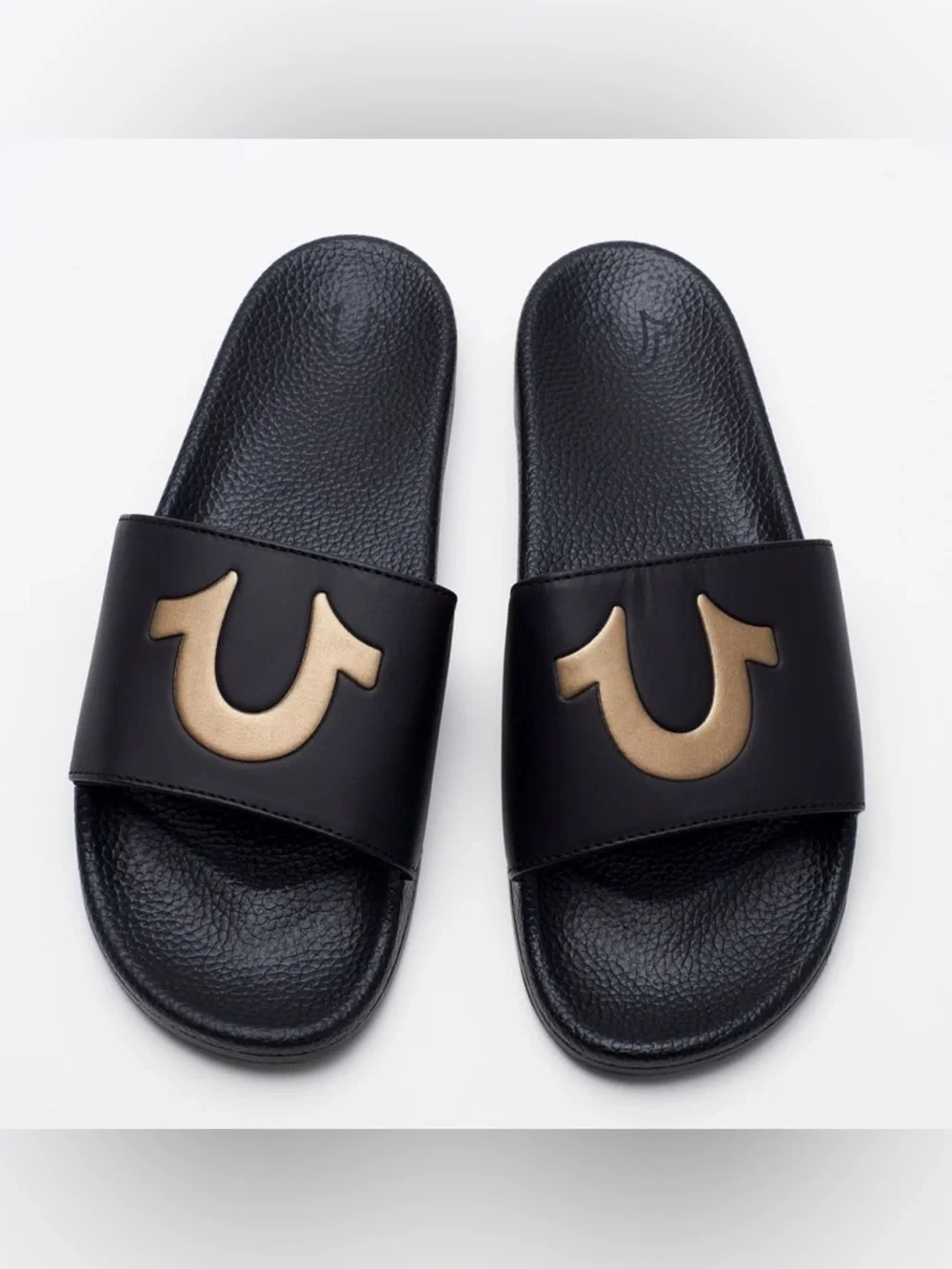 True Religion Black Slide Sandals Matte Gold Horseshoe Logo Size 43