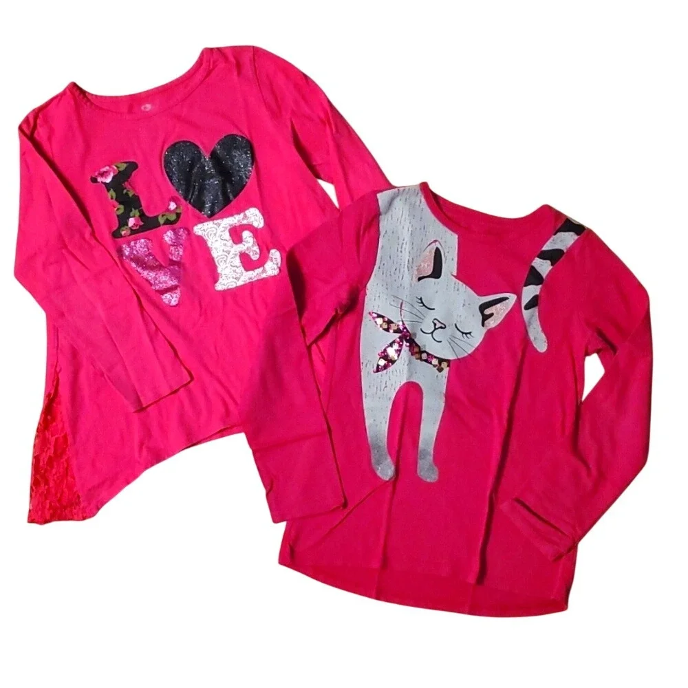 2 Girls Long Sleeve Shirts- LOVE‎ by Children's Place & Cat by Wonder Nation 7-8