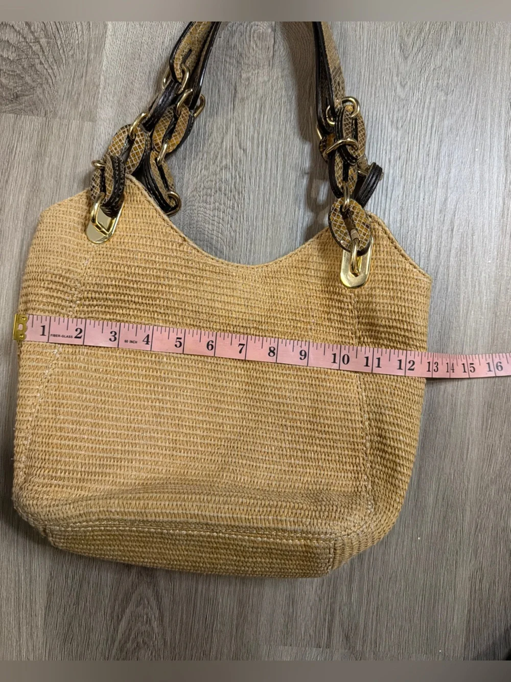 Michael Kors Woven Shoulder Tote with Chain-Link Snakeskin Straps - Tan