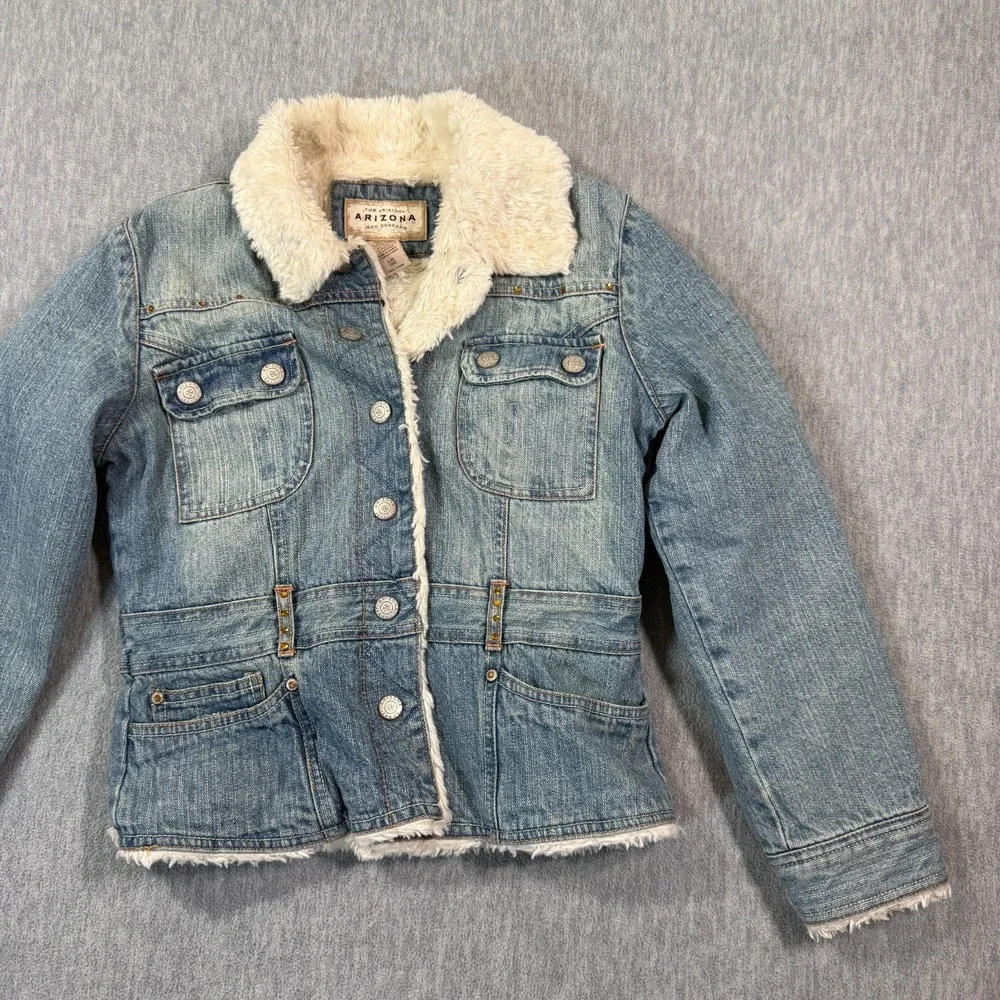 Arizona Jacket Girls 14 Blue‎ Denim Faux Fur Lined Sherpa Trucker Winter Coat