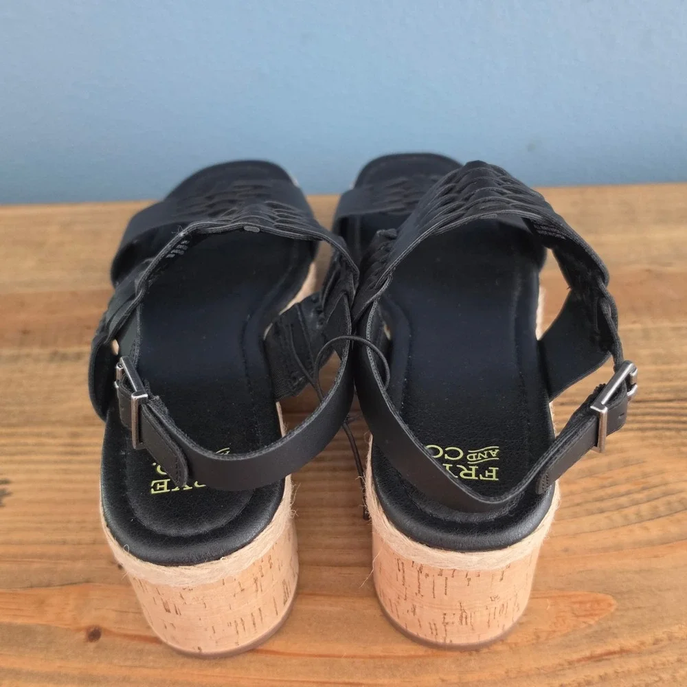 Frye and Co Womens Lavish Wedge Sandal Black Woven Cork Platform Size 7M