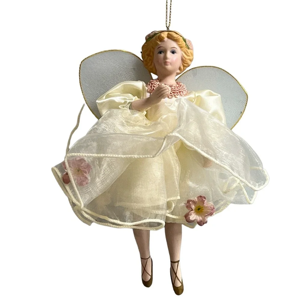 Kurt S Adler Porcelain Angel Christmas Ornament Cream Pink‎ Floral Dress J8873