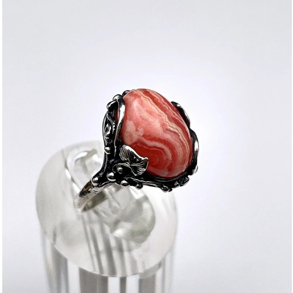 Vintage Pink Rhodochrosite Floral Ring Dainty Feminine‎ Jewelry