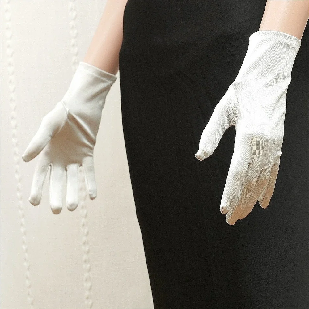 Vintage Style Silver Satin Wrist Length (2BL)‎ Formal Evening Gloves
